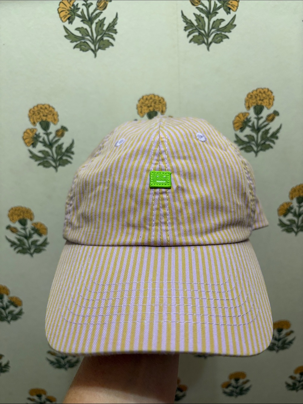 Acne Striped Baseball Cap - Yellow & White with Neon Green Patch